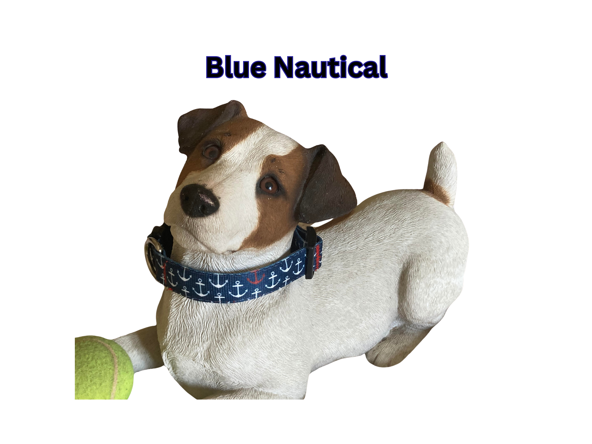 Maxx2 Magnetic Dog Collar for improved pet wellness in the Blue Nautical pattern on a model dog figurine.