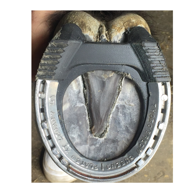 The Black Pad - Sport from Doc Foal's a cushioned polymer pad that works with the shoe of your choosing to provide an impact-absorbing heel area exactly where your horse needs it -  in the heel where the hoof first impacts the ground.  Protect the hoof from the concussion while enhancing performance.]