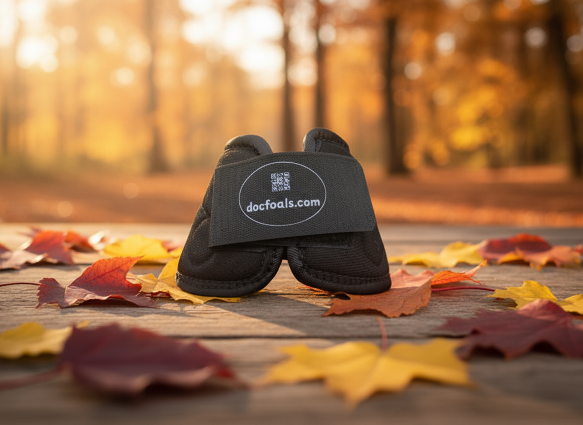 Pair of magnetic horse bell boots with a velcro closure featuring 'docfoals.com' on a white background.