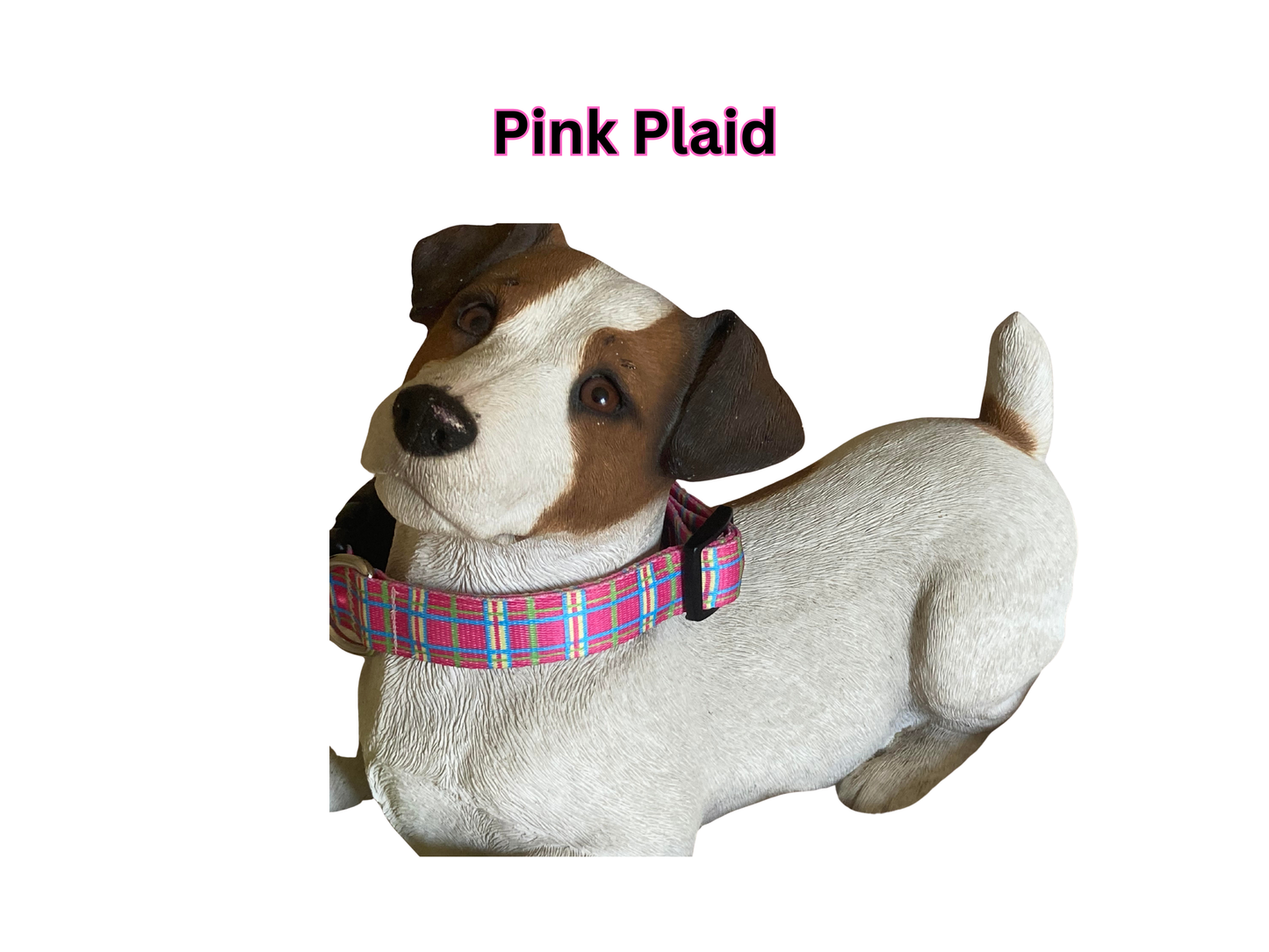 Maxx2 Therapeutic Dog Collar with magnets inside for improved pet wellness in the Pink Plaid pattern on a model dog figurine.