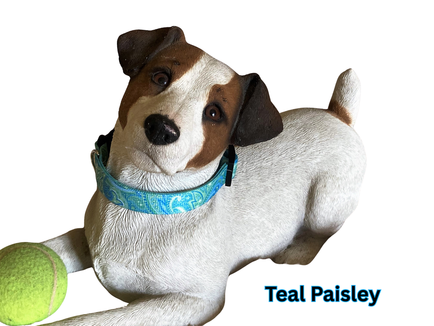 Maxx2 Magnetic Dog Collar for improved pet wellness in the Teal Paisley pattern on a model dog figurine.