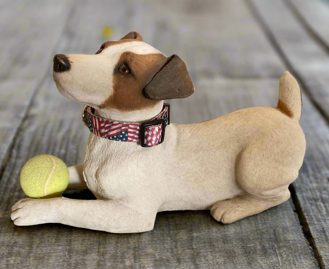 Maxx2 Magnetic Dog Collar for arthritis on a dog figurine wearing the Flag themed collar for improved overall health benefits.